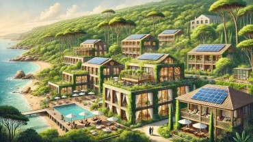 A beautiful water-based painting of eco-friendly hotels in Portugal, featuring lush greenery and sustainable architecture.