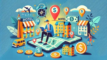 A vibrant, travel-themed illustration that captures the concept of finding cheap hotels.