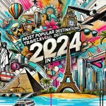 A graffiti-style travel-themed image featuring various global destinations popular in 2024