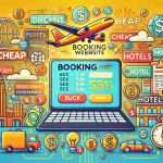 A vibrant illustration showing a travel related scene with a laptop open to a booking website surrounded by icons of airplanes hotels and price tag.