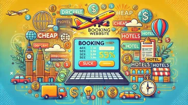 A vibrant illustration showing a travel related scene with a laptop open to a booking website surrounded by icons of airplanes hotels and price tag.