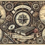 A Victorian-style 19th-century lithograph design featuring elements of travel, books, and exploration.