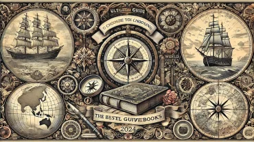 A Victorian-style 19th-century lithograph design featuring elements of travel, books, and exploration.
