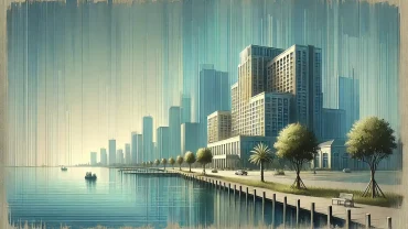 A painting of a modern hotel in the foreground with several hotels fading into the background.