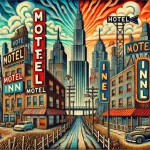 A folk art and dystopian styled illustration depicting a surreal vision of American hotels, set against a contrasting cityscape of modern new york.