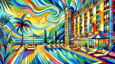 The image features a colorful, abstract scene of a luxurious hotel setting with bold, exaggerated colors in the background, highlighting elements like palm trees, ocean views, a luxury pool, and a stylish hotel building with large windows..