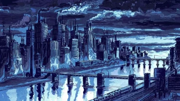 A dystopian ink wash style image of a city