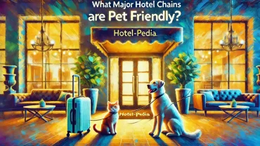 A vibrant and expressive featured image for a blog post on a hotel booking website. The image uses an expressionism style with bold and dynamic brushstrokes, featuring a welcoming hotel entrance, a playful dog and cat sitting near luggage, and soft, warm lighting.