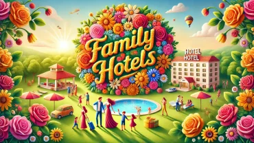 Family Hotels 2024 12 The image features the Family Hotels' prominently in the center, crafted entirely out of colorful flowers such as roses, daisies, and sunflowers.