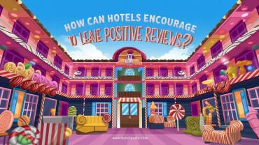 a super eye catching featured illustration for a Hotel booking website´s blog post´s featured image with following dimensions 16:9. . Image Should have written "How can hotels encourage guests to leave positive reviews? " in the center. Website name is "www.Hotel-pedia.com". Make it in , made of candy design.
