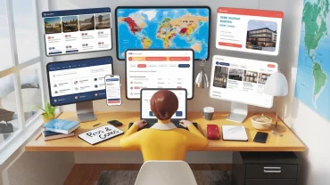 Best Booking Platforms Compared 2024: How to Choose the Right One for Your Needs 11 Travelers comparing hotel booking platforms like Expedia, Booking.com, and Hotels.com on multiple devices
