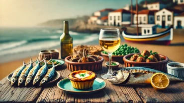 A selection of Portuguese culinary delights including pastel de nata, grilled sardines, and vinho verde, showcasing the rich gastronomy of Portugal.