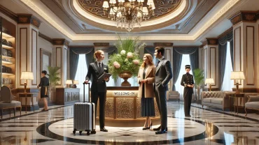 The Complete Hotel-pedia: Luxury Hotel Experiences 2025 9 A luxurious hotel lobby scene featuring a uniformed concierge warmly greeting a couple during check-in. 2025-01-17 22.51.24 -