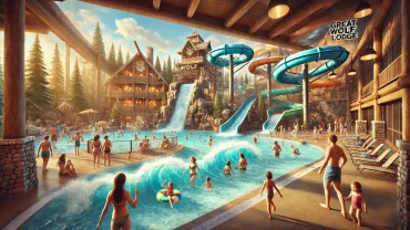 An indoor waterpark at Great Wolf Lodge with a wave pool, towering water slides, and a toddler splash zone, featuring a cozy wilderness-themed décor.