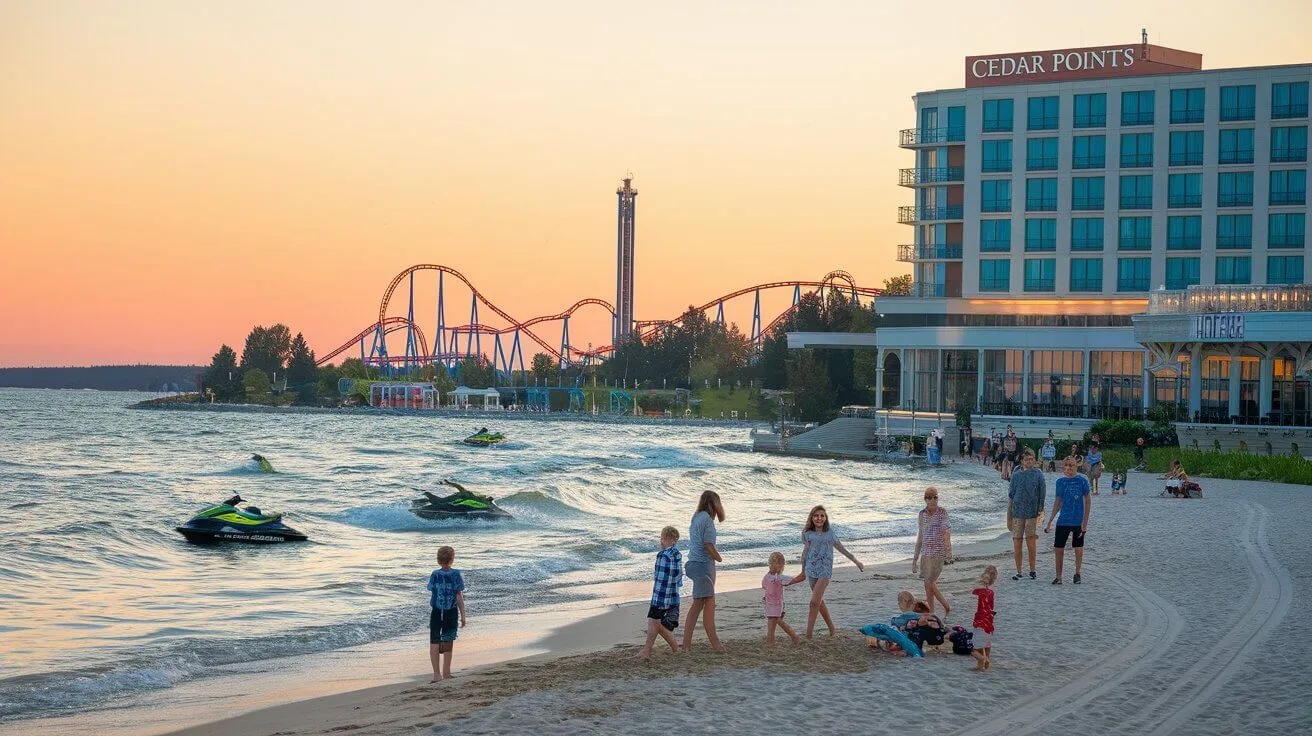 Best Family Resorts Across the USA for All Ages, USA Ohio 2025 5 A scenic sunset at Cedar Point’s Hotel Breakers, with families enjoying the private beach and a view of Cedar Point’s roller coasters in the background.